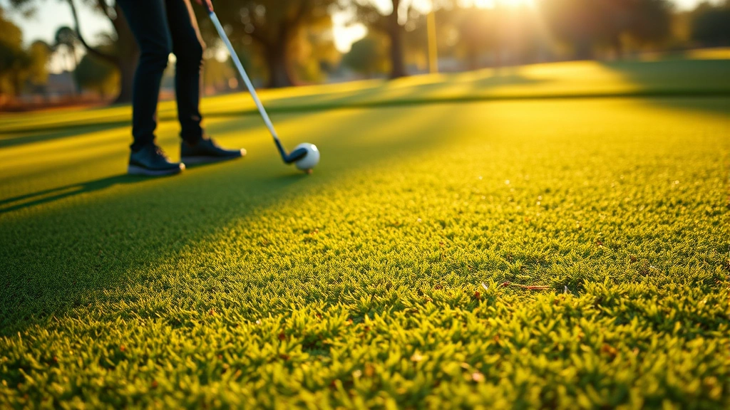 Close-up of a pristine golf green with perfect turf quality, natural shadows from trees, golfer in background putting, early morning or late afternoon golden light, no visible text or signage