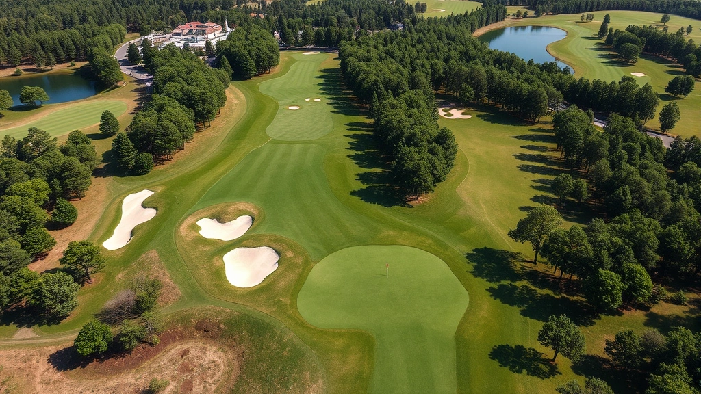 Aerial view of a scenic golf hole with fairway, bunkers, and tree-lined corridors, natural water feature visible, multiple tee boxes at different distances, professional course layout design