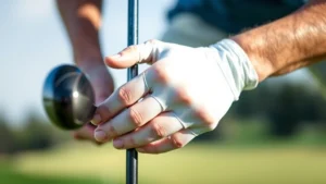 Professional golfer demonstrating proper grip position on golf club, close-up of hands showing overlap grip technique, outdoor golf course setting with natural lighting