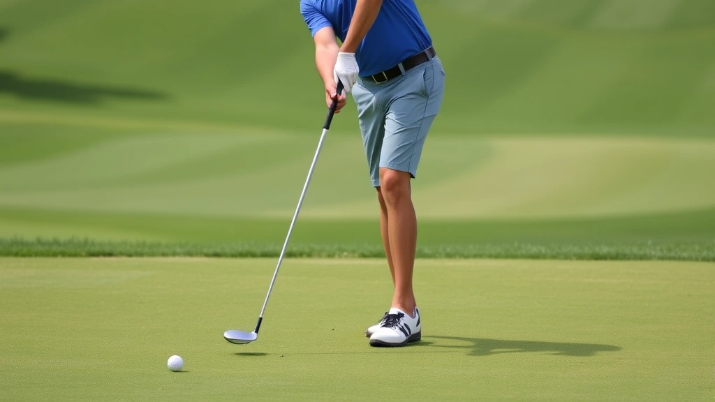 Golfer in complete follow-through position on fairway, balanced on lead leg with trailing foot raised, lush green course in background, showing proper body rotation and posture