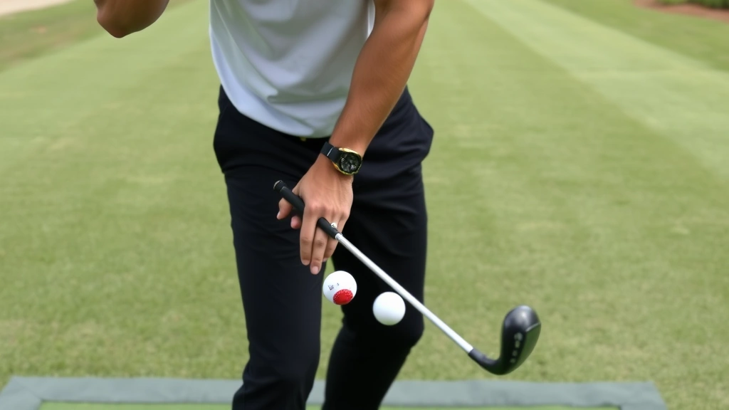 Professional golfer demonstrating proper grip and stance position on practice range with golf balls and clubs visible, showing athletic posture and hand positioning