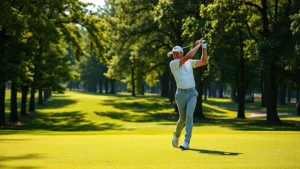 Professional golfer executing full swing on manicured fairway with lush green grass under bright sunlight, trees framing background, no people visible in background