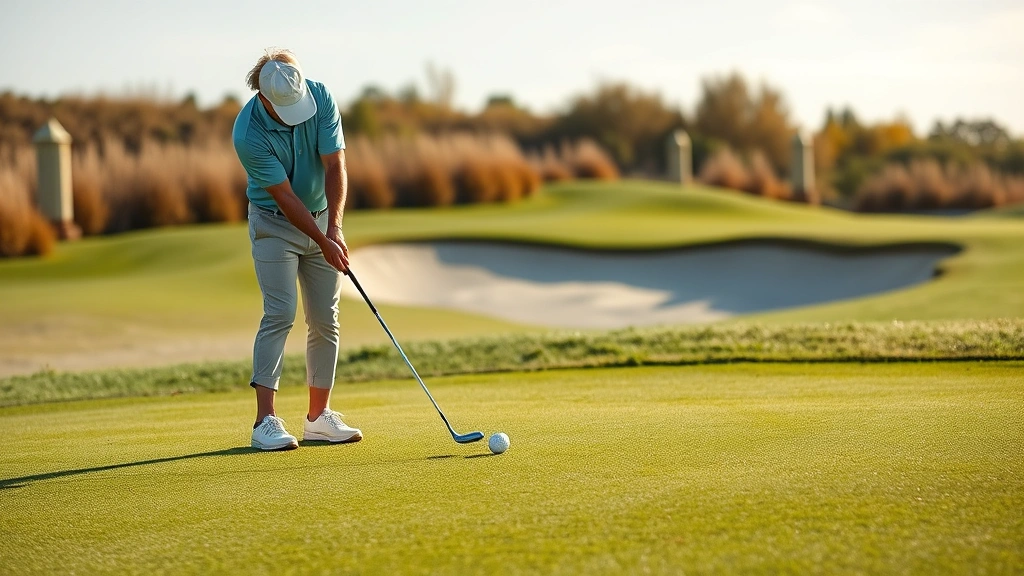Golfer executing short game shot near green with sand bunker visible in background, demonstrating chip shot technique and precision around the greens