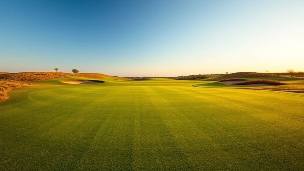 Wide view of pristine golf course fairway stretching toward distant green with sand bunkers visible, blue sky overhead, morning or afternoon golden light, natural landscape