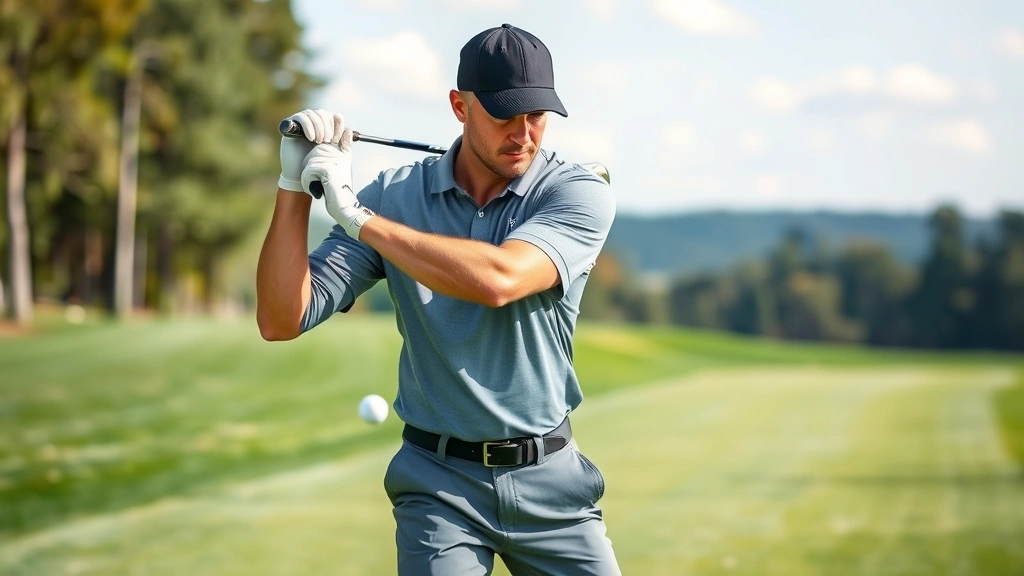 Professional golfer demonstrating proper grip and stance on practice range with golf balls and clubs visible, natural outdoor lighting, focused concentration expression