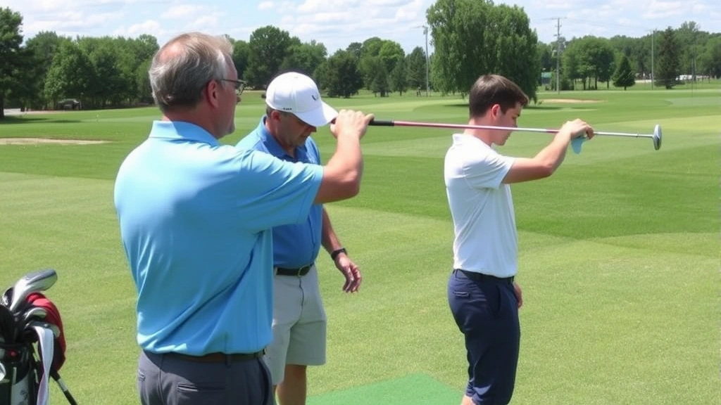 Instructor working with beginning golfer on swing mechanics using alignment stick, clear demonstration of posture and positioning on well-maintained practice facility