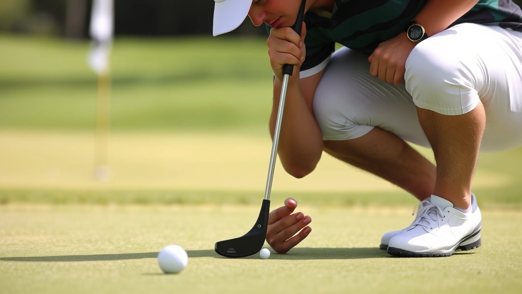 Golfer reading green before putting shot, studying slope and line with serious concentration, manicured putting surface with flag in background, outdoor daylight
