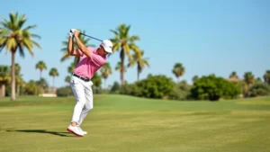Golfer mid-swing on well-manicured fairway with palm trees and clear blue sky in background, demonstrating proper form and athletic technique