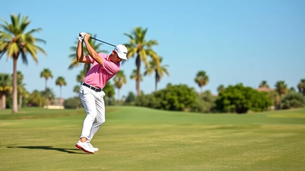 Golfer mid-swing on well-manicured fairway with palm trees and clear blue sky in background, demonstrating proper form and athletic technique