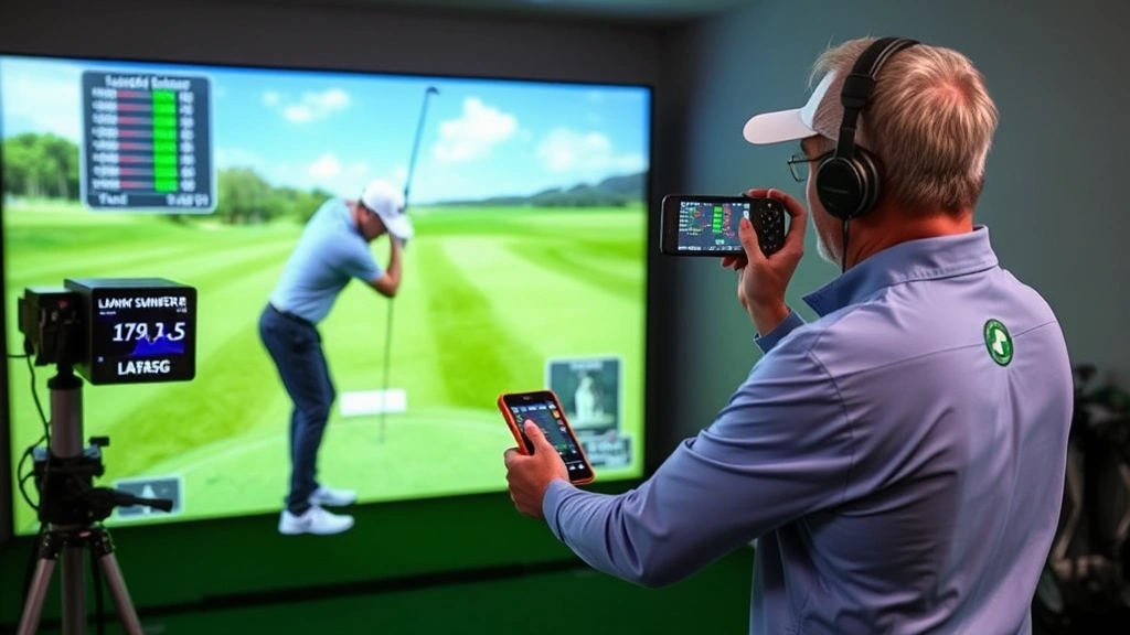 Professional golf instructor analyzing golfer's swing mechanics using motion capture technology and launch monitor, with data displays visible