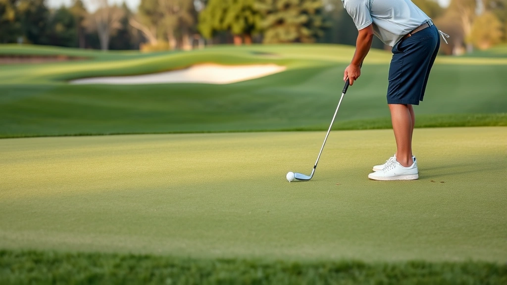 Golfer practicing short game on pristine practice green with bunker visible, focusing on chipping and pitching technique