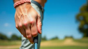Close-up of golfer's hands demonstrating proper grip position on golf club, outdoor golf course setting, natural daylight, showing grip pressure and hand placement technique