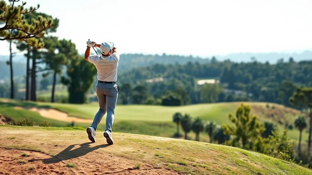 Golfer mid-swing on sloped terrain with trees in background, demonstrating proper posture and spine angle during full swing motion, elevated golf course landscape