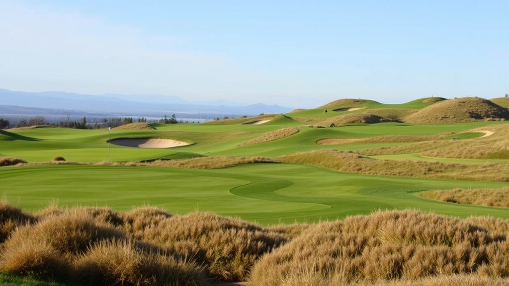 Golf course landscape showing elevation changes with fairway, bunkers, and green in distance, demonstrating challenging terrain and course management considerations, scenic natural setting
