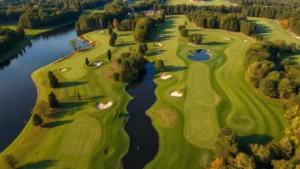 Aerial view of lush 18-hole golf course with rolling fairways, natural water hazards, and mature trees creating scenic landscape in suburban New England setting