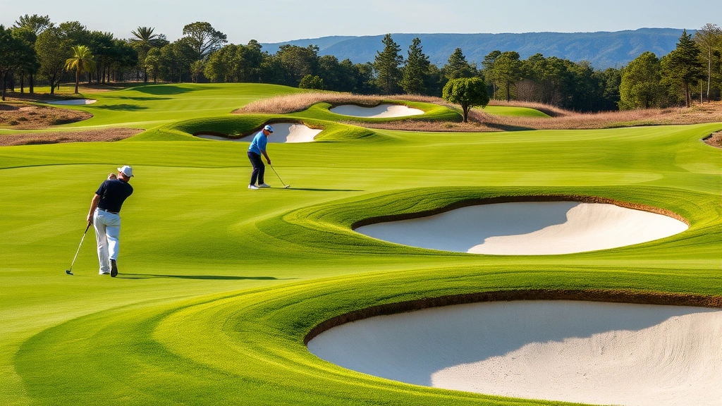 Professional golfers practicing on manicured fairway with challenging bunkers and elevation changes, demonstrating strategic course design and quality playing conditions