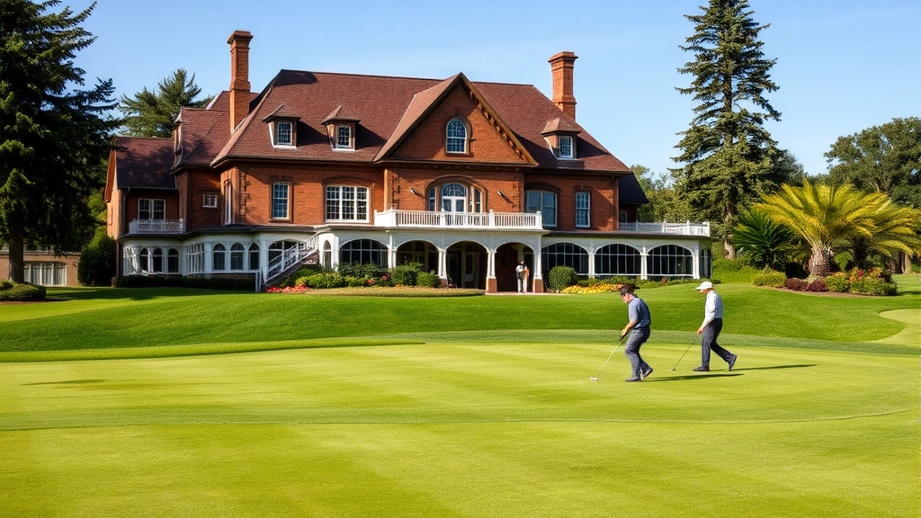 Historic clubhouse building with modern golf course grounds maintenance crew working on greens, showing preservation and contemporary management practices together