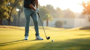 A beginner golfer in proper stance and posture on a golf tee, showing correct body alignment and grip technique, morning sunlight on course
