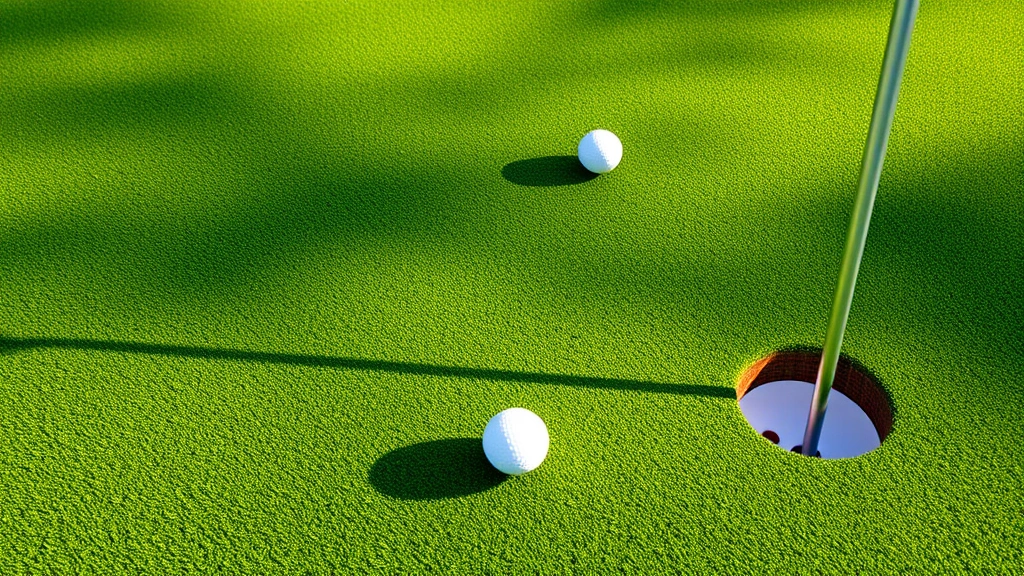 A practice putting green with multiple golf balls at varying distances from the hole, realistic grass texture, natural outdoor lighting