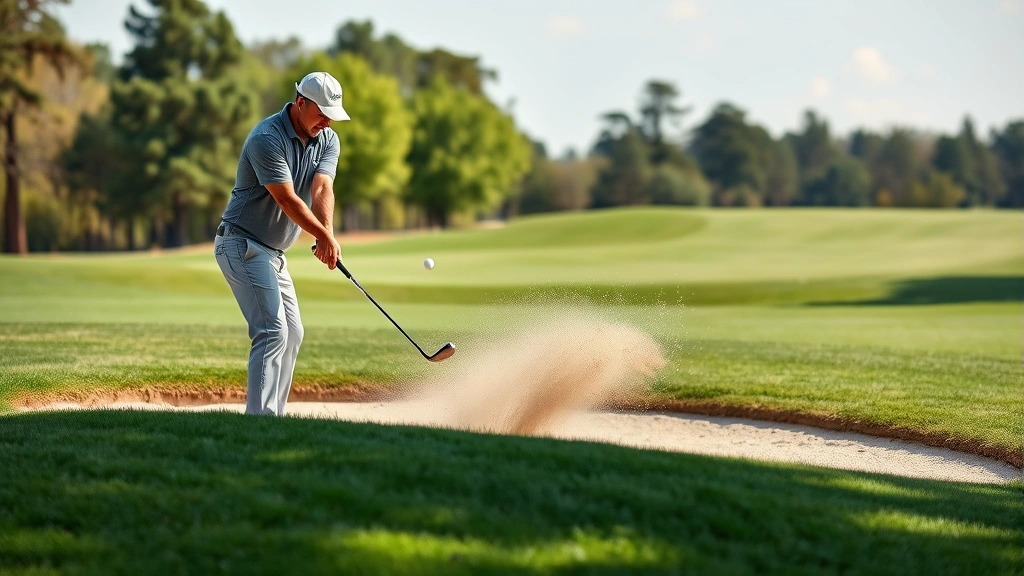 A golfer hitting from a fairway bunker with proper technique, sand spray visible, green fairway and trees in background, professional form