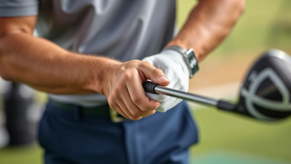 Professional golfer demonstrating proper grip and hand position on golf club during practice session at driving range, close-up of hands and club