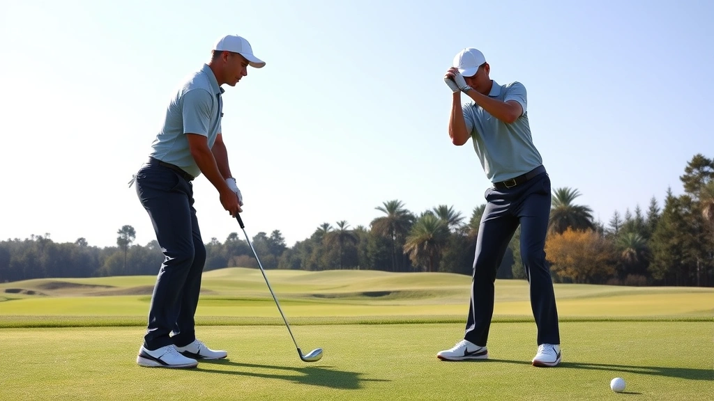 Golfer in proper stance and address position on fairway, showing correct body alignment and posture with natural course background
