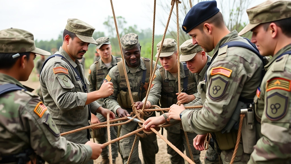 A diverse group of officer candidates in military uniforms engaged in a tactical team-building exercise outdoors, working together to solve a complex problem with ropes and equipment, demonstrating leadership and collaboration under realistic field conditions.