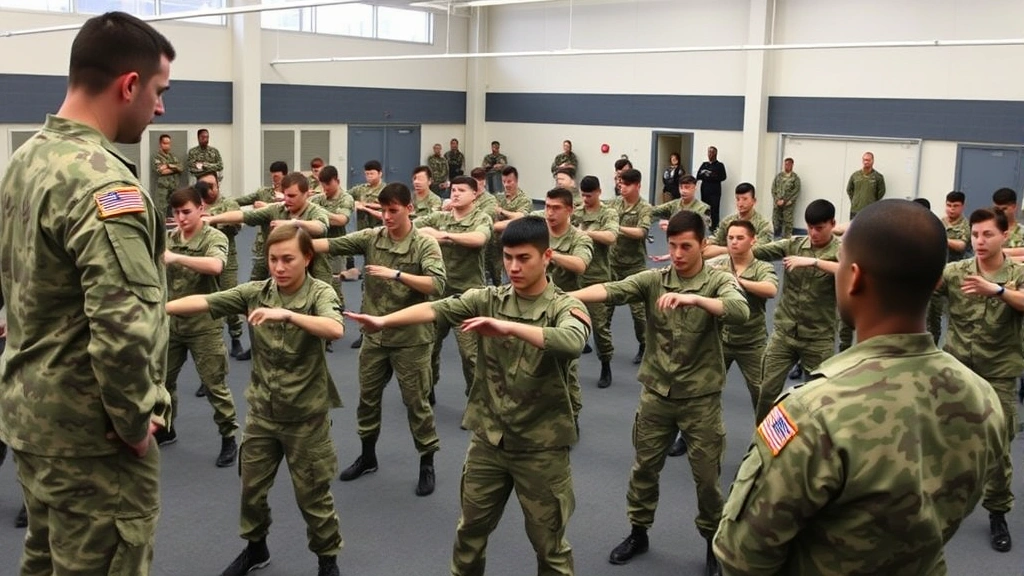 A military training facility showing candidates performing physical fitness exercises in structured formations, with instructors observing and providing feedback, emphasizing the demanding physical assessment component of officer training programs.