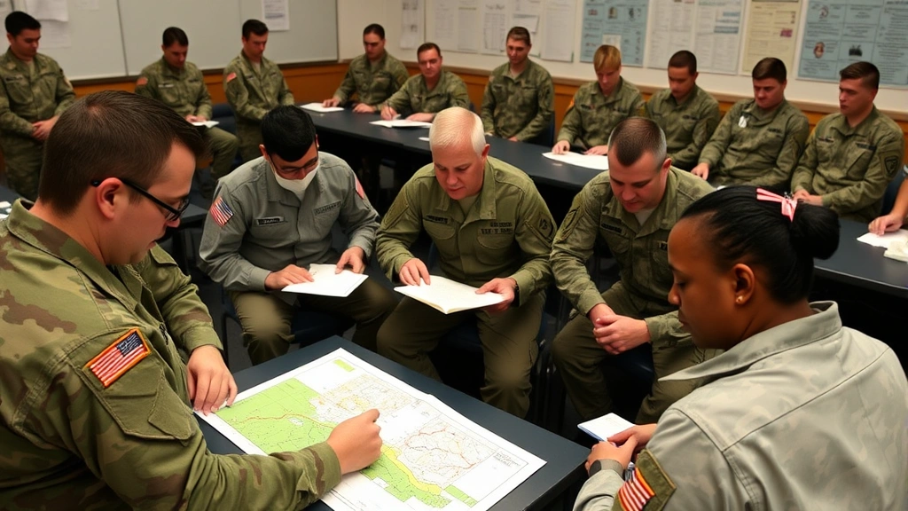 A classroom scene with officer candidates studying tactical maps and strategic documents, working collaboratively in small groups with military instructors facilitating discussion, showing the academic rigor and practical application of military knowledge required for officer training.