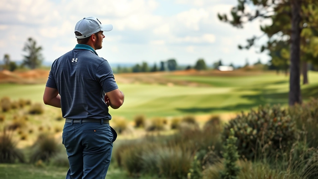 Golfer studying golf course layout during practice round, analyzing terrain and elevation changes, standing on fairway looking toward green with focused expression