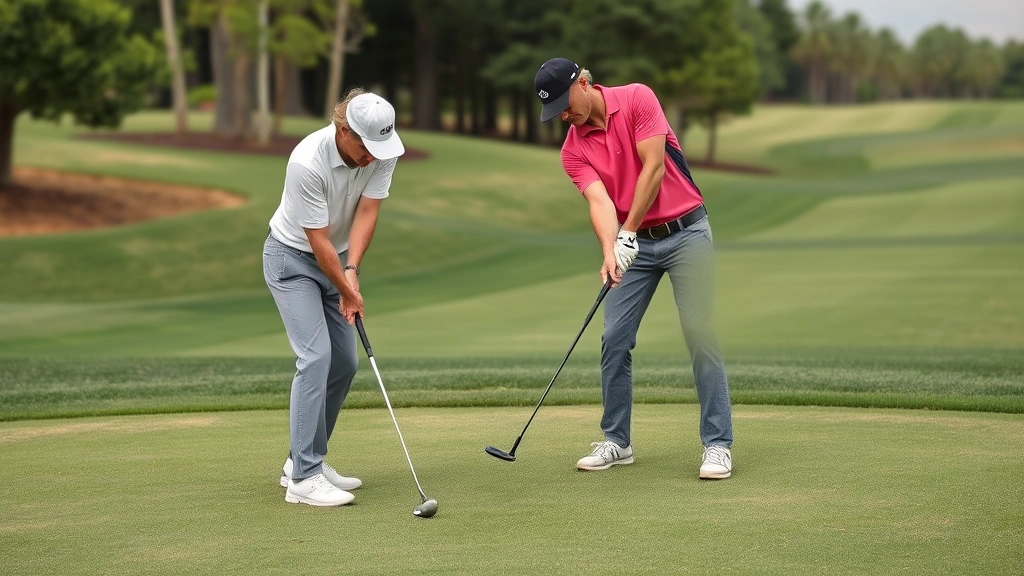 Golfer demonstrating proper short game technique on practice area, chipping from rough grass toward target, showing refined pitching form and concentration