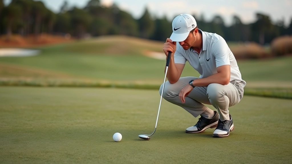 Golfer reading putt on practice green, crouching to examine break and grain, analyzing green contours with careful attention to detail before taking shot