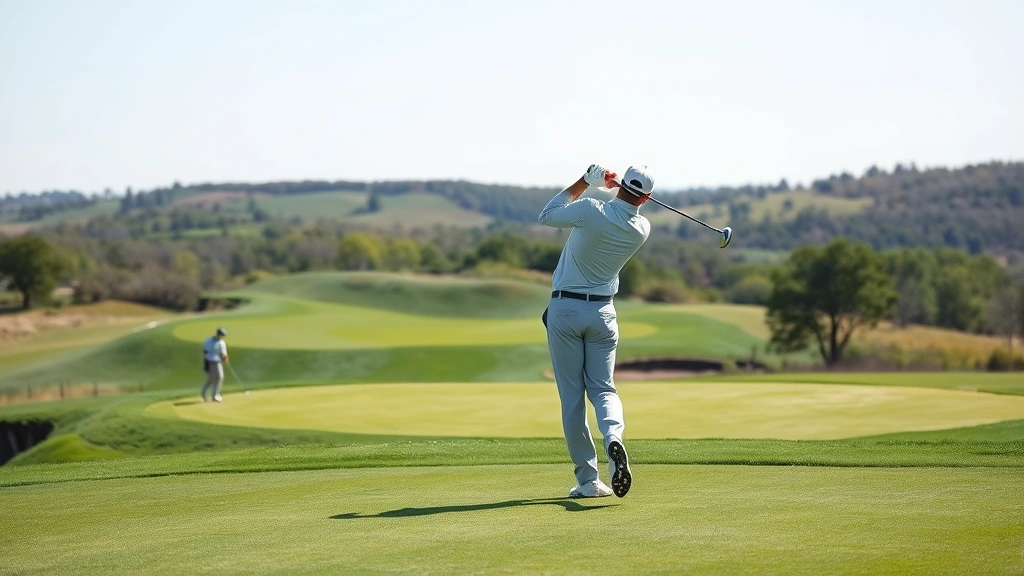 Professional golfer executing a precise approach shot to an elevated green at a championship course, showing proper form and concentration, natural Illinois landscape with rolling terrain in background