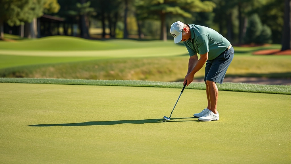 Golfer carefully reading a complex green with subtle slopes and breaks, studying the putting surface from multiple angles before making a putt on a well-maintained championship course
