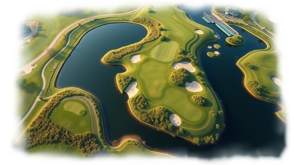 Wide aerial view of a championship golf course hole featuring strategic water placement, bunkers, and elevated green complex demonstrating architectural design principles for golf course layout