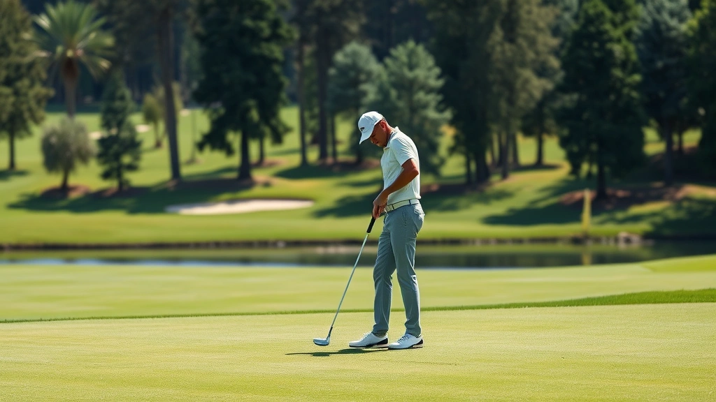 Golfer studying course layout and analyzing hole strategy on a fairway with trees and water hazard visible, professional golfer concentrating on approach shot planning
