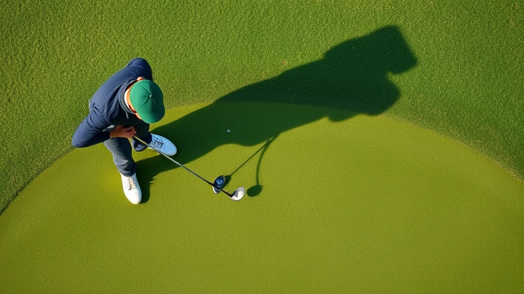 Overhead view of golfer reading green contours with putter, analyzing slope and break patterns on undulating putting surface, focused concentration