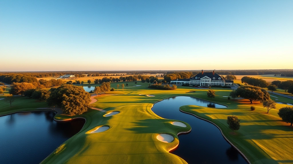Aerial view of pristine championship golf course with manicured fairways, water hazards, and clubhouse in background, sunny day with clear blue sky