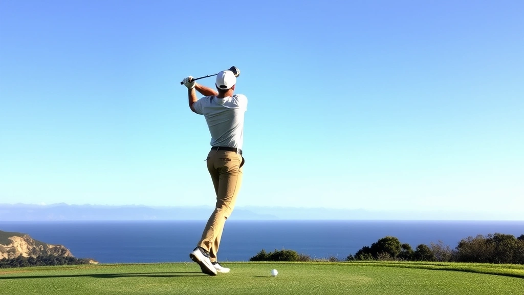 Professional golfer mid-swing on elevated tee box overlooking coastal landscape, demonstrating proper golf technique and posture
