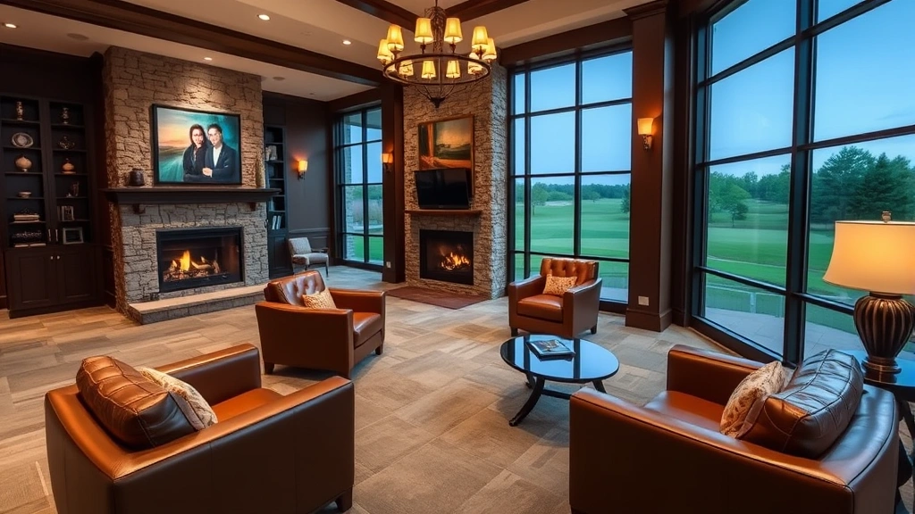 Exclusive private golf club interior showing elegant lounge area with fireplace, leather seating, and large windows overlooking course fairways