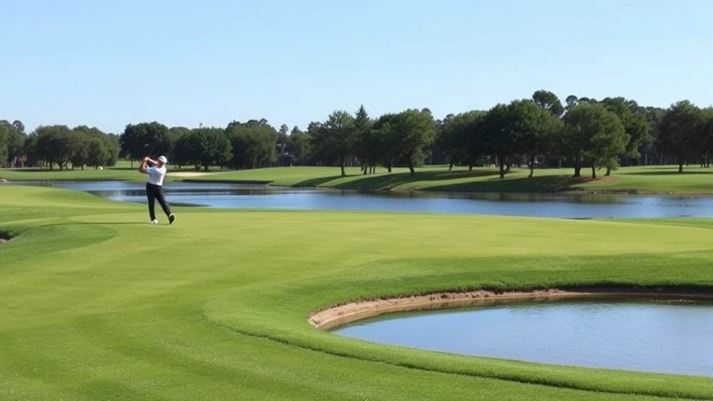 Scenic golf course fairway with manicured grass and water hazard, golfer mid-swing on tee box under clear sky, trees lining the hole