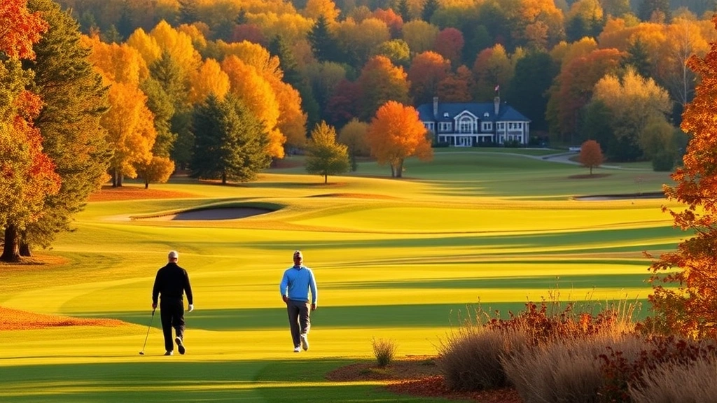 Golfers walking through autumn-colored course landscape, fall foliage surrounding fairway, clubhouse visible in distance, golden hour lighting