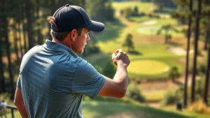Golfer analyzing course layout from elevated tee box, studying fairway hazards and green positioning with intense focus and determination, natural lighting