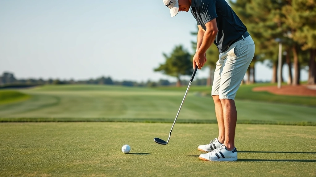 Golfer practicing short game shots on practice green with focus and concentration, working on distance control and putting stroke consistency