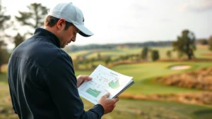 Professional golfer analyzing course layout and scorecard at a championship golf course, studying strategic hole positions with focused concentration and determination