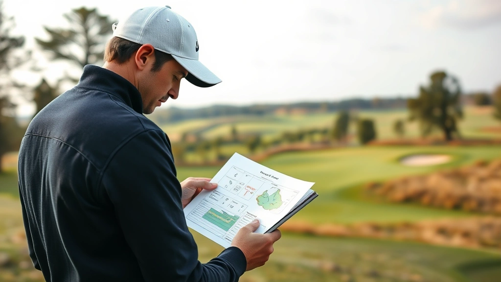 Professional golfer analyzing course layout and scorecard at a championship golf course, studying strategic hole positions with focused concentration and determination