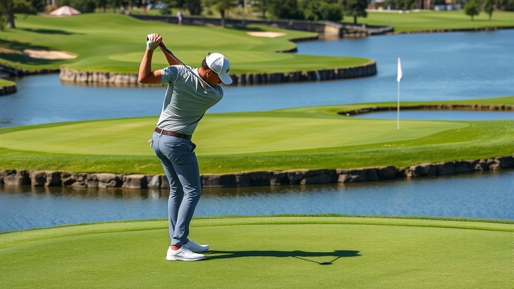 Experienced golfer executing a precise approach shot on a challenging hole with water hazards, demonstrating proper stance and swing technique during competitive play