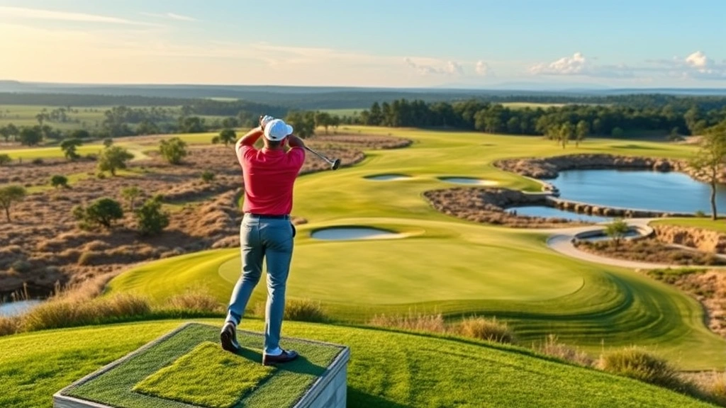 Golfer standing on elevated tee box overlooking scenic fairway with bunkers and water features visible, assessing wind conditions and planning strategic shot execution