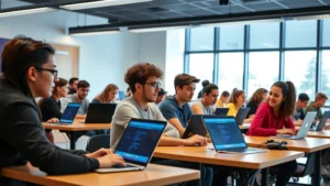 A diverse group of students sitting at desks with laptops, focused on coding tutorials displayed on their screens in a bright, modern classroom environment with natural lighting