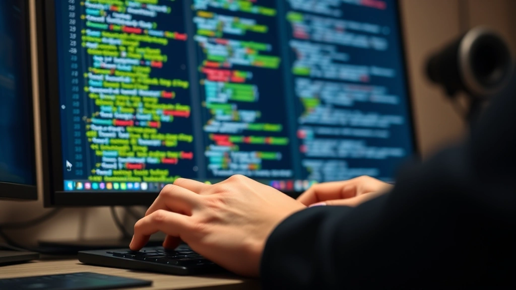 Close-up of hands typing on a keyboard with Python code visible on a monitor screen, showing actual programming work in progress in a professional workspace